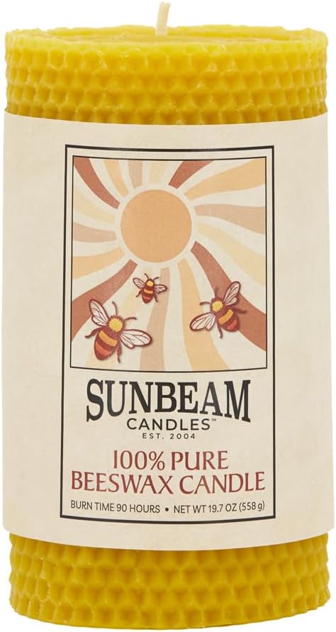 Sunbeam Candles 100% Pure Beeswax Pillar Candles | Long Burning All Natural Non-Toxic Beeswax Candles | Made in USA (Honeycomb, Natural Gold, 3"x6")