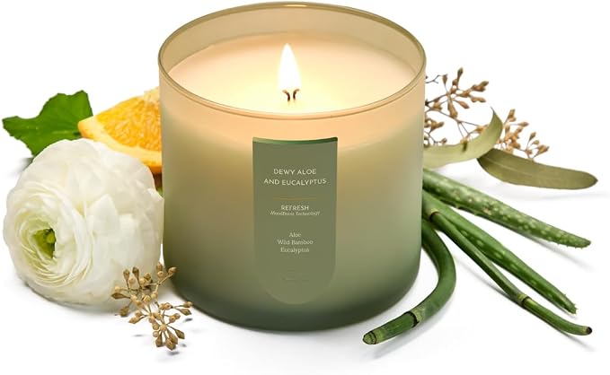 CUE Scented Candle |MoodBoost Essential Oils |OpenWick Clean Burning Candle | Soy Coconut Wax Blend | Candle for Home | Gift |Extended Burn Time (14oz, Dewy Aloe and Eucalyptus)