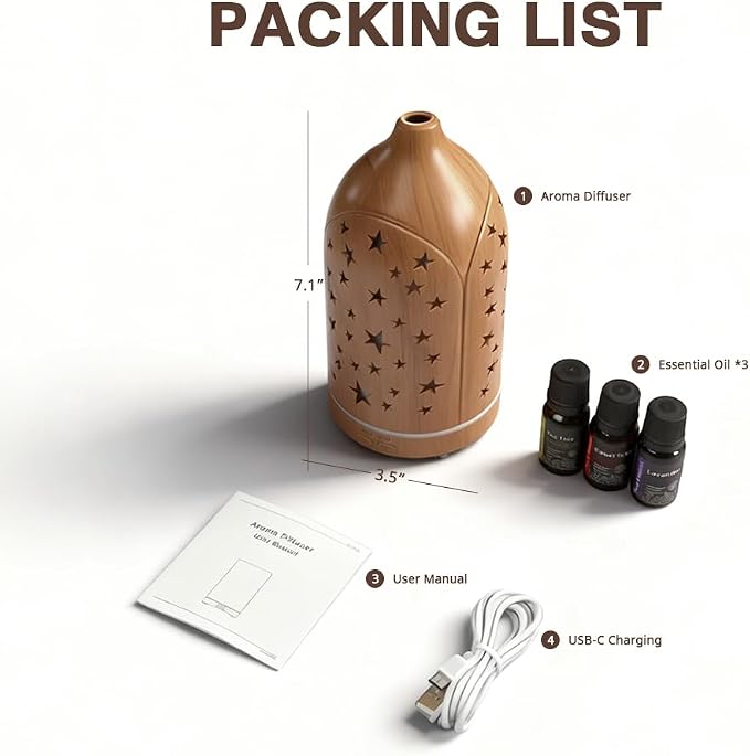 Essential Oil Diffuser,7.1''x3.5'' Diffusers with 3 Aromatherapy Oils Set,Small 200ml Desk Humidifier with 7 LED Colors Night Lights,Waterless Auto-Off for Office Home Decor Gift (Star)