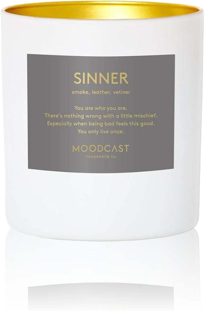 Moodcast Sinner Scented Candle - Aesthetic Candle for Home, Smoke, Leather & Vetiver, Clean Coco Wax Blend, Vegan, Paraben Free, 45-Hour Long Lasting Burn - 8oz