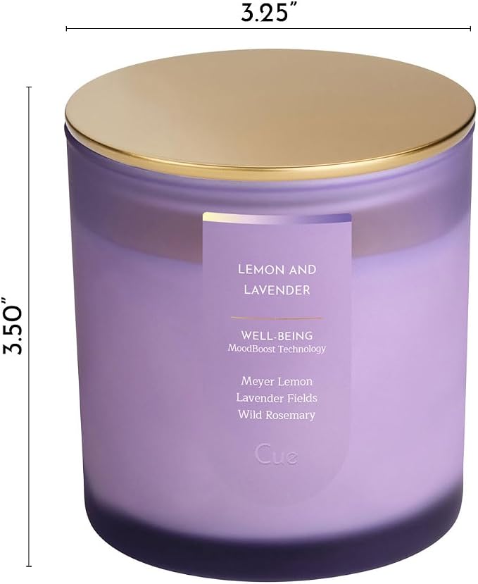 CUE Scented Candle |MoodBoost Essential Oils |OpenWick Clean Burning Candle | Soy Coconut Wax Blend | Candle for Home | Self-Care Gift for Women |Extended Burn Time (8.5oz, Lemon and Lavender)