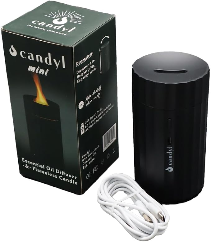 Candyl Mini Flame Essential Oil Diffuser – Compact Ultrasonic Aromatherapy Diffuser with USB Power, Color-Changing Light & Auto Shut-Off – Travel-Friendly Small Room Diffuser (Black)