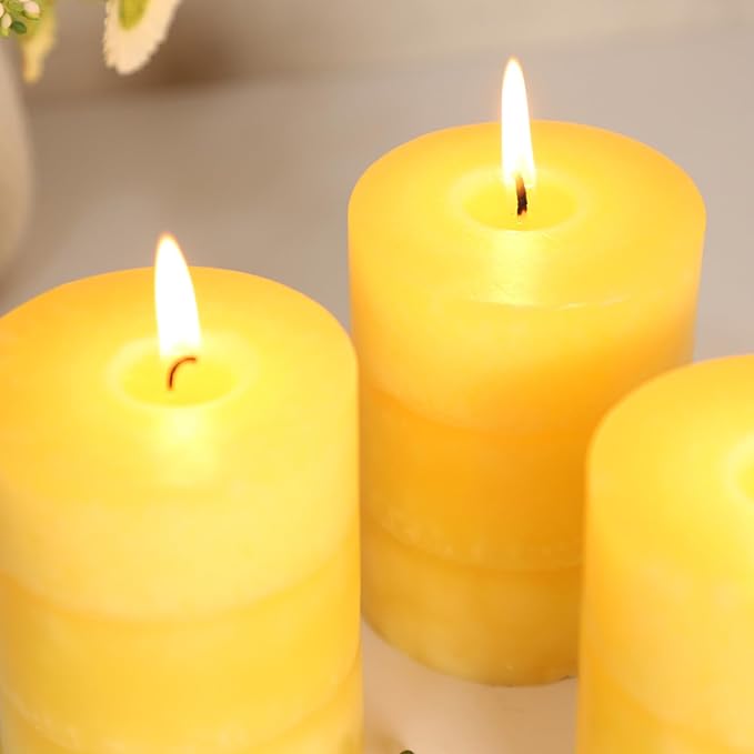 Yellow Pillar Candles 3x4 Inch Hand-Poured Lemon Scented Candles Lemongrass Fragrance Long Lasting Clean Burning Smokeless Summer Candle for Home Scent Bathroom Rustic Table Decor, Set of 3