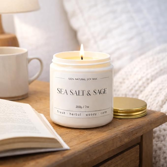 Sea Salt & Sage Candle - Summer Scented Soy Candles for Home - Coastal Decor for Beach Lovers, 7oz Soy Wax, 40 Hour Burn Time, Beach, Living Room, Bathroom
