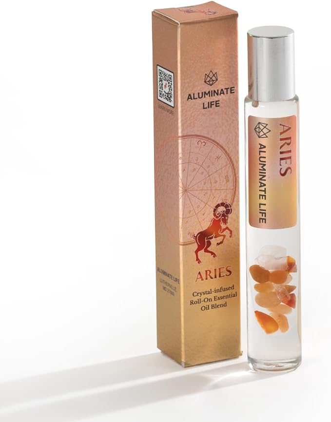 Aries Zodiac Crystal-Infused Essential Oil Rollerball, Aromatherapy Blend - Focus & Motivation, Premium Astrology Sign Birthday Gift, Natural Therapeutic Roller, 10 mL