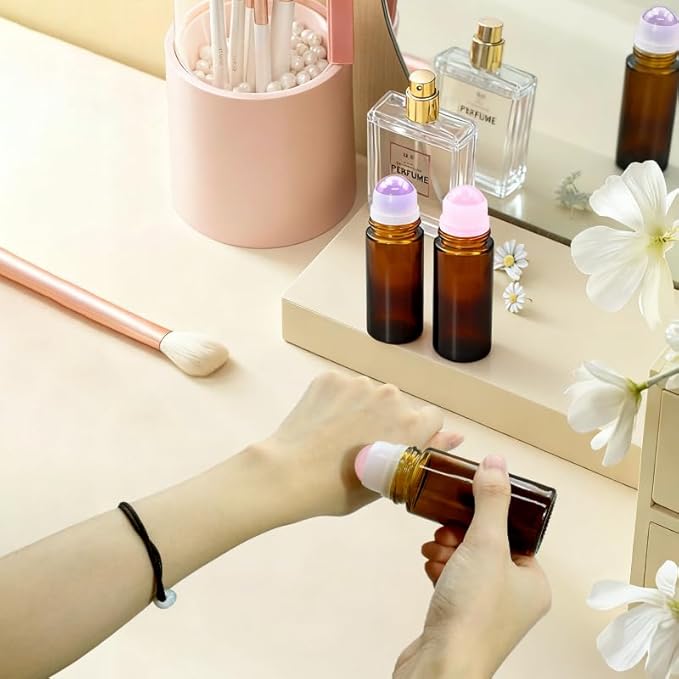 Amethyst Roller Bottles for Essential Oils, 50ml Refillable Amber Glass Roll On Bottles with Natural Crystal Roller Balls, Leak-Proof Travel Perfume Bottle with Gold Caps