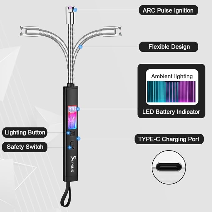 SUPRUS Electric Candle Lighter USB-C Rechargeable with Digital Battery Display Ambient Lighting Safety Switch 360° Flexible Neck Flameless Plasma Windproof Perfect for Candle BBQ Camping (Black)
