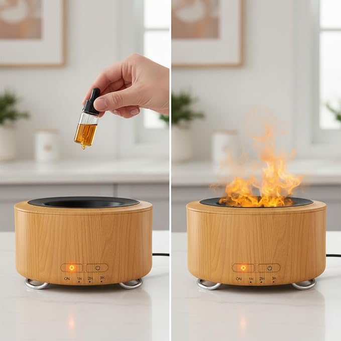 Essential Oil Diffuser with Flame,500ml Humidifier Aromatherapy Diffuser with Auto Off for Home&Office&Bedroom,Brown