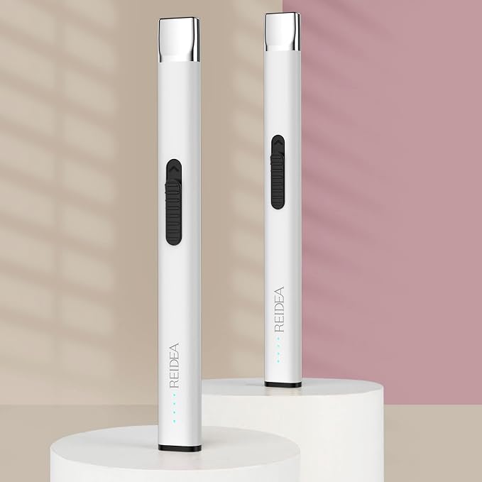 REIDEA Lighter Electronic, R1 Pro Windproof Flameless USB Rechargeable Arc Lighter with Safe Button and Power Indicator for Candle, BBQ, White