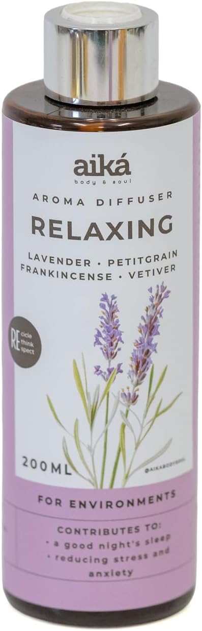 Aika Relaxing Body Care Set – Aroma Diffuser 200ml + Home Spray 200ml – Lavender, Vetiver, Frankincense & Petitgrain Essential Oils – Calming, Stress Relief, Sleep Support, Skin Hydration
