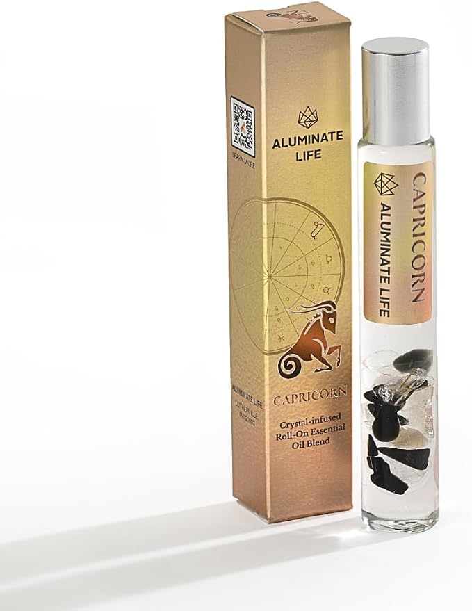 Capricorn Zodiac Crystal-Infused Essential Oil Rollerball, Aromatherapy Blend - Grounding & Motivation, Premium Astrology Sign Birthday Gift, Natural Therapeutic Roller, 10 mL