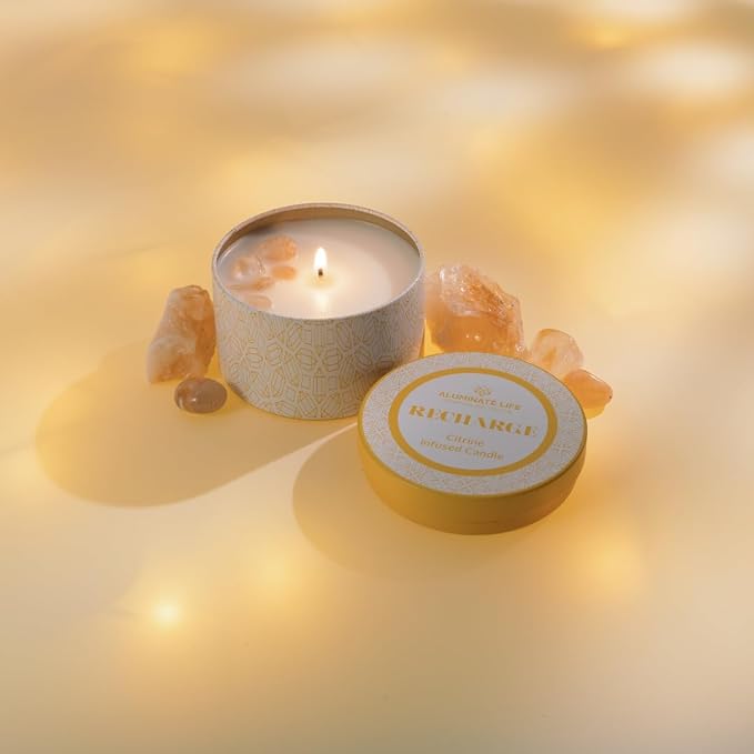 Luxury Candle Tin, 6 OZ, Recharge - Citrine Crystal Infused - Scents of Lemongrass, Geranium, and Basil - Happiness, Manifestation, & Abundance - Coconut Wax, Essential Oils