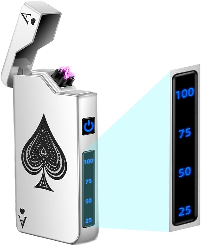 LcFun Electric Lighter - Rechargeable USB, Dual Arc Plasma, Windproof Flameless, Pocket Metal Lighter with LED Battery Indication for Candles, Camping (Silver Ace)