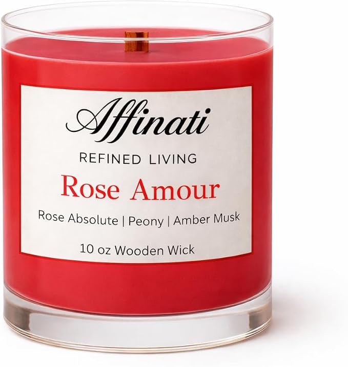 Affinati Rose Amour Scented Candle, 10 oz Wooden Wick Tumbler Jar – Romantic Fresh Cut Floral Aromatherapy, Luxury Soy Blend Gift