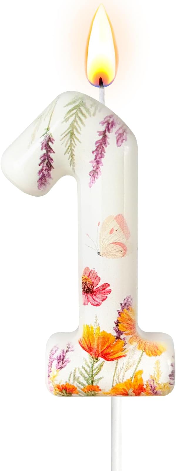 Number 1 Birthday Candle for Cake – Floral Botanical Design with Butterfly Detail – Elegant Cake Topper for Birthday, Garden Party Decoration