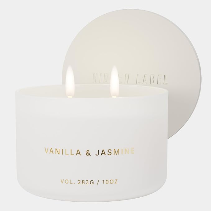 Hidden Label Vanilla Jasmine Soy Candle, 10oz 2-Wick, 45H Clean Burn | Relaxing Aromatherapy | Sweet Warm Floral Layers | Even Melt, No Tunneling | Non-Toxic Phthalate-Free | Gift Boxed Minimalist