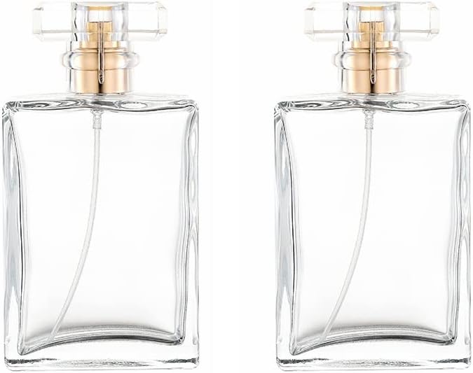 2 Pcs Clear Glass Perfume Atomizer,100ml Empty Refillable Perfume Spray Bottle for Men and Women,Portable Fragrance Fine Mist Spray Bottle Dispenser for Travel (Gold)