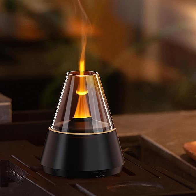 Ultrasonic Aroma Diffuser with Simulated Flame, 150ml, Timer and Auto-Off, LED Ambient Light (Black)