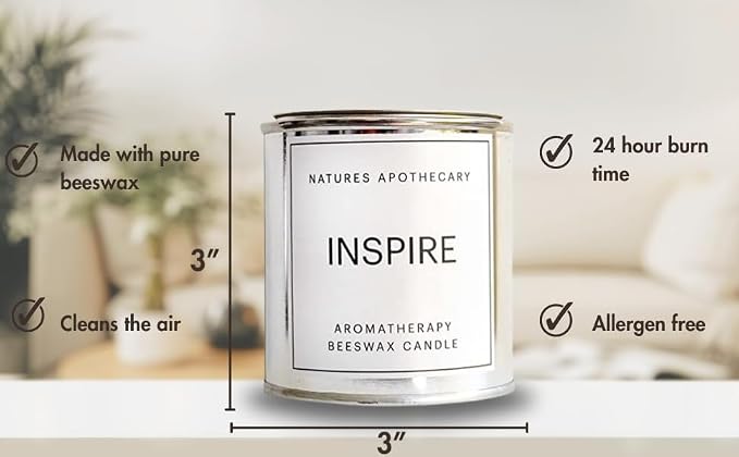 Inspire Aromatherapy Beeswax Candle - All-Natural, Cotton Braided Wick, Non-Toxic, Non-Polluting Made in USA