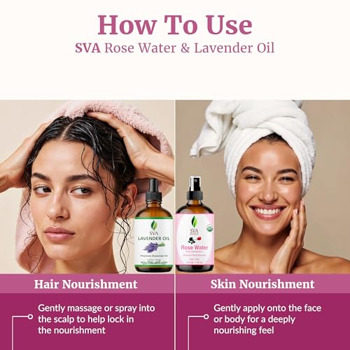 SVA Rose Water and Lavender Essential Oil 4 oz Bundle Super Saver Combo – Premium Grade Bundle Set for Hair Oiling, Scalp Massage, Hair Care, Face, Skin Care and Body Massage