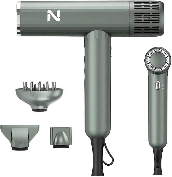 Natrial Ionic Professional Hair Dryer with Diffuser for Curly Hair,1600W&110000RPM High Speed Blow Dryer for Women,Fast Drying,Lock Function,Low Noise,Lightweight for Home Travel Salon,Mid Gray