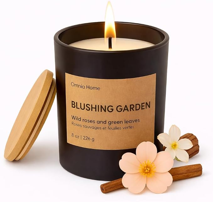 Scented Soy Wax Candle – Floral Candles for Home Scented with Notes of Rose, Magnolia & Soft Cedarwood – Refined Home Decor & Gift (Blushing Garden, Black, 8 oz)