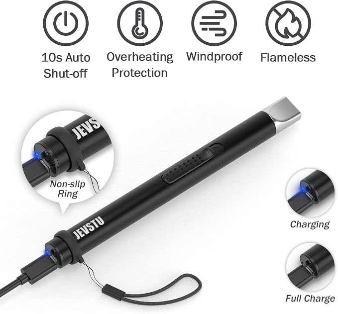 Candle Lighter, Electric USB Rechargeable, Arc Plasma Electronic Windproof Flameless Long Lighter with Safety Switch Hook for Kitchen, Black & Black