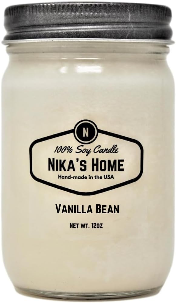 Nika's Home Vanilla Bean Soy Candle - 12oz Mason Jar - Non-Toxic - Hand Poured in The USA, Long Burning 50-60 Hours Highly Scented All Natural, Clean Burning