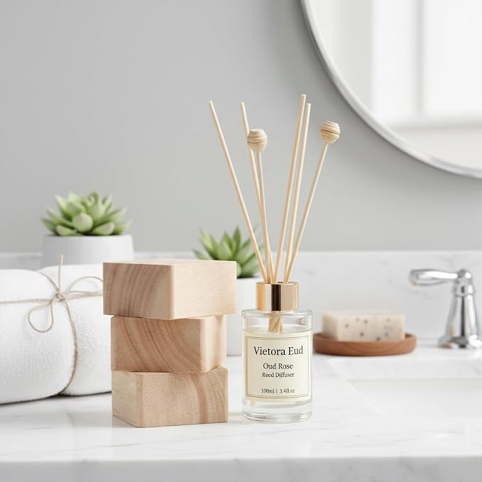 Oud Rose Reed Diffuser for Home, Luxury Hotel Collection Scent Inspired by Ritz Carlton, Long Lasting Fragrance, Minimalist Design, Bathroom Accessories/Bedroom Office Decor Gift, 3.34 Fl Oz