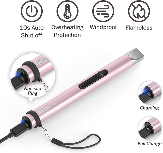 Candle Lighter, Electric Lighter Rechargeable USB, Arc Windproof Flameless Plasma Long Stick, No Butane Fluid, Perfect for Candle BBQ Camping Kitchen Stove, Pink and Blue