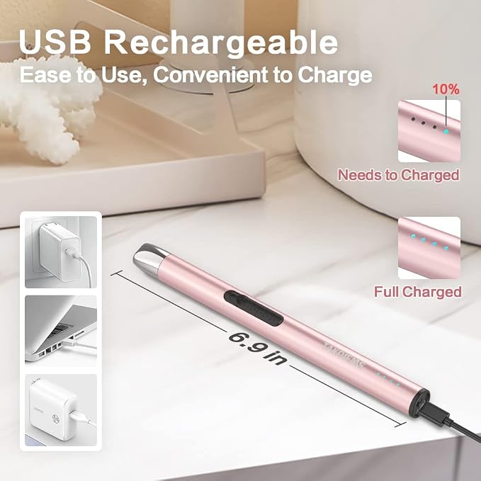Candle Lighter Electric Updated with LED Battery Display Safety Switch, USB Rechargeable Lighter Flameless Windproof Arc Long Lighters for Candle Grill Fireworks Pink
