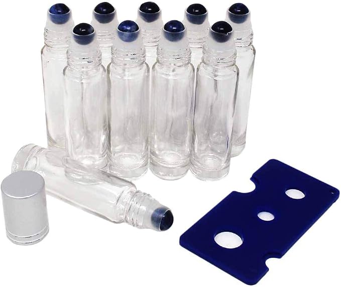 fengshuisale 10pcs Clear 10ml Empty Refillable Glass Bottles with Crystal Semiprecious Stones Essential Oil Gemstone Roller Ball Bottles with Silver Lid with Free Bag W3900 (Sodalite)