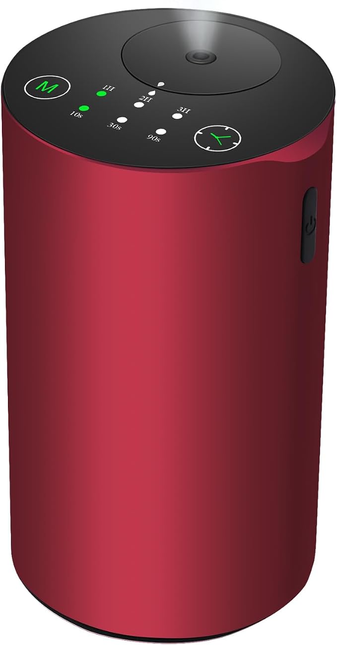 Waterless Essential Oil Diffuser, 7 Colors LED Light, Battery Powered Mini Scent Air Machine, Aromatherapy Mist Diffuser for Home Room Car Office，Black Aluminum Alloy (Red)