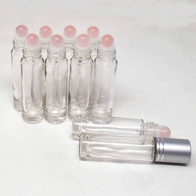 fengshuisale 10pcs Clear 10ml Empty Refillable Glass Bottles with Crystal Semiprecious Stones Essential Oil Gemstone Roller Ball Bottles with Silver Lid with Free Bag W3900 (Rose Quartz)