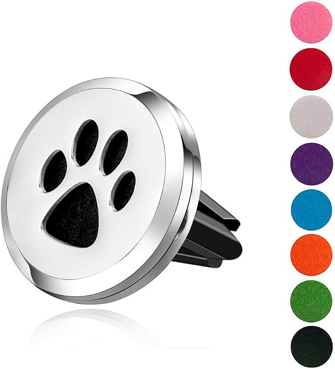 Wild Essentials Dog Paw Essential Oil Car Vent Diffuser Kit – 316L Stainless Steel Locket, Rubber-Coated 4-Way Clip, 8 Color Pads (22mm), 25mm – Includes Alert & Inner Calm (2 x 10ml)