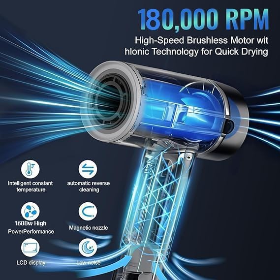 Hyper-Speed Hair Dryer, 180,000 RPM Brushless Motor for 1min Fast Drying, Dual Voltage Travel Blow Dryer with Diffuser & Concentrator, 600M Negative Ions for Frizz-Free Shine, HD Screen, Gunmetal