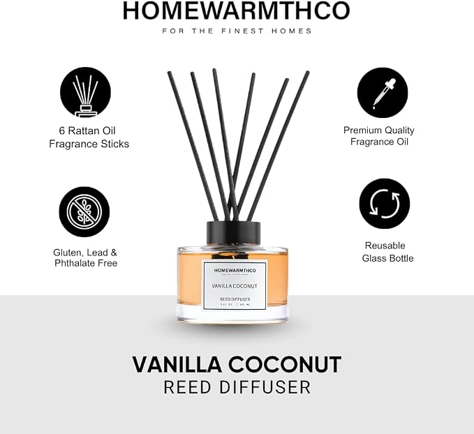 Vanilla Coconut & Citrus Reed Diffuser Set Luxury Fragrance Reed Diffusers for Hotel, Office, Bathroom, Kitchen, Home & Shelf Decor Long-Lasting Scent with Non-Toxic Oils Gift Ready (5.63 oz 160ml)