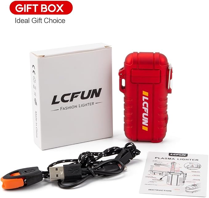 LcFun Electric Dual Arc Lighter USB Rechargeable, Windproof Plasma Lighters with LED Battery Indicator, Waterproof Flashlight Lighter with Whistle Lanyard for Camping, Survival Gear Gifts for Men