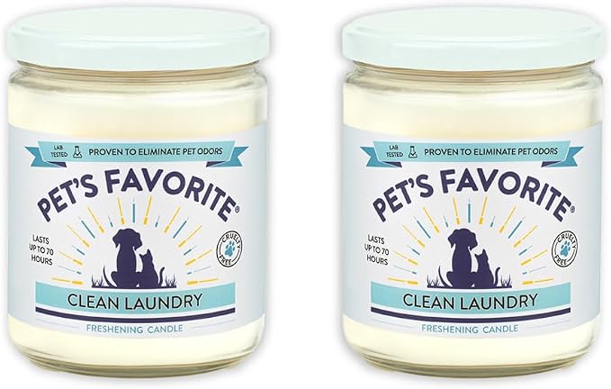 Pet's Favorite Fresh Laundry Pet Odor Candle, Clean Burning, Long Lasting Plant Based Soy Candles with a Natural Fiber Wick and 70 Hour Burn Time, Pack of 2