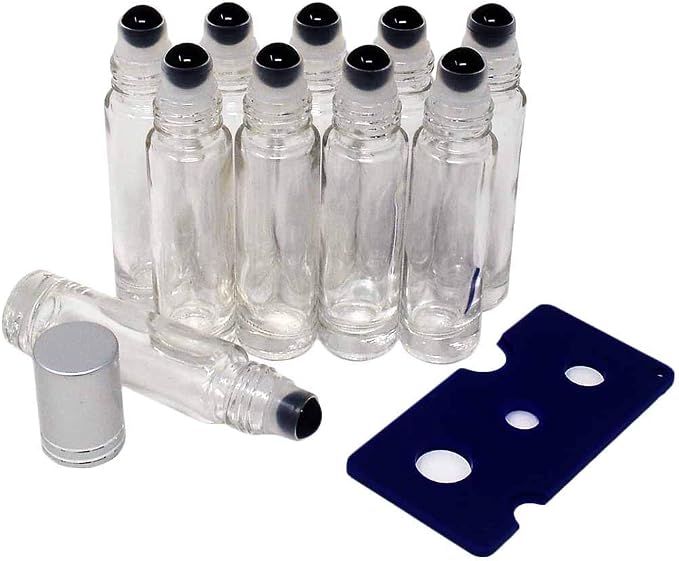 fengshuisale 10pcs Clear 10ml Empty Refillable Glass Bottles with Crystal Semiprecious Stones Essential Oil Gemstone Roller Ball Bottles with Silver Lid with Free Bag W3900 (Obsidians)