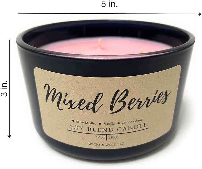 Wicks & Wine Soy Blend 3-Wick Cotton CORE Candle 14oz (Mixed Berries)