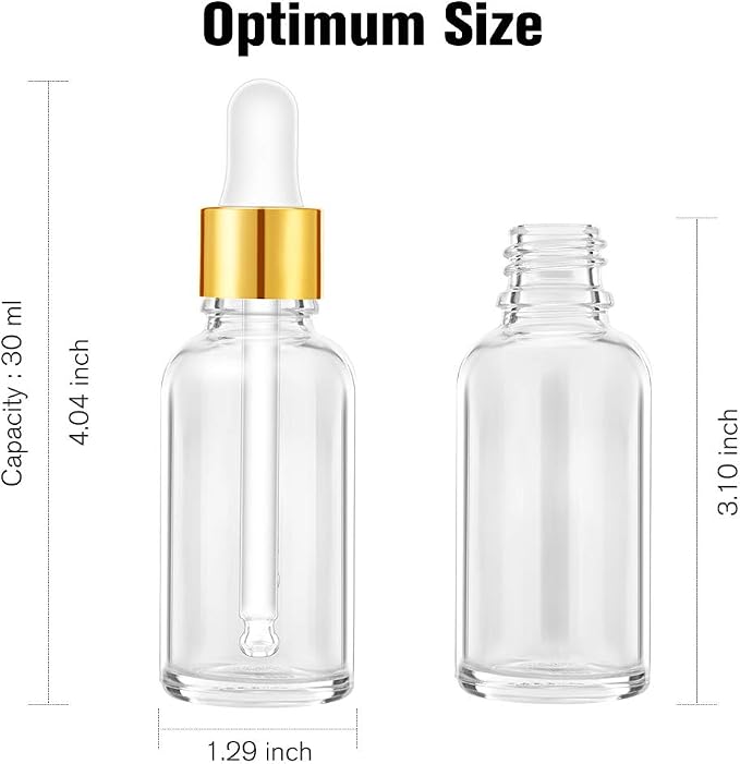 PrettyCare Glass Dropper Bottles 99 Pack, 1oz (30ml) Clear Empty Thick Bottles Bulk with Leakproof Golden Caps - With Labels & Funnels for for Storage, Travel,Essential Oils, DIY Serums