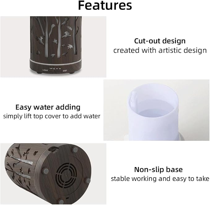 Essential Oil Diffuser,7.1''x3.5'' Air Diffusers with 3 Aromatherapy Oils Set,Small 200ml Humidifier with 7 LED Colors Lights,Waterless Auto-Off for Desk Office Home Decor Gift(Tree Dark Wood Grain)