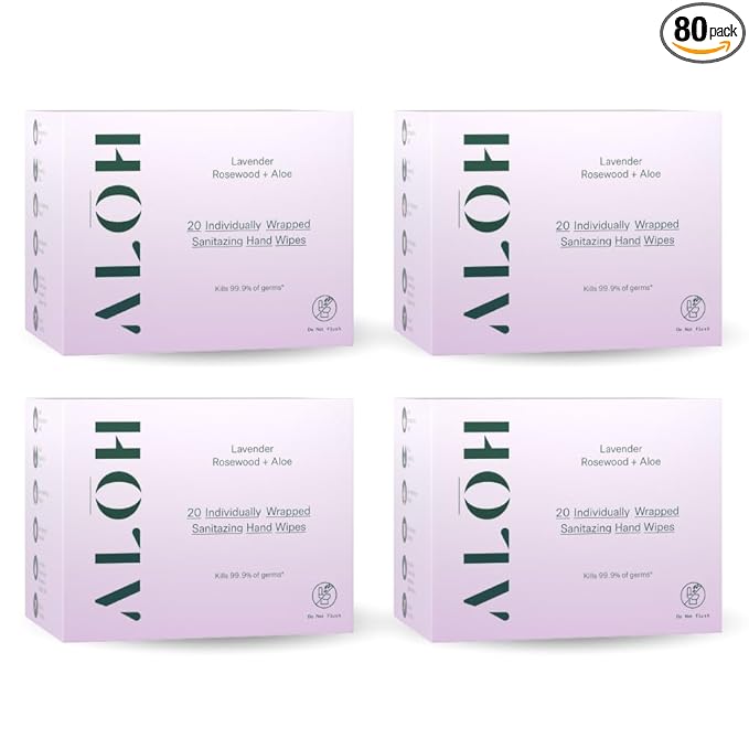 ALŌH Skin- Softening Sanitizing Hand Wipes – Lavender Rosewood + Aloe- 4 boxes of 20ct Individually Wrapped Wipes (80 Wipe)