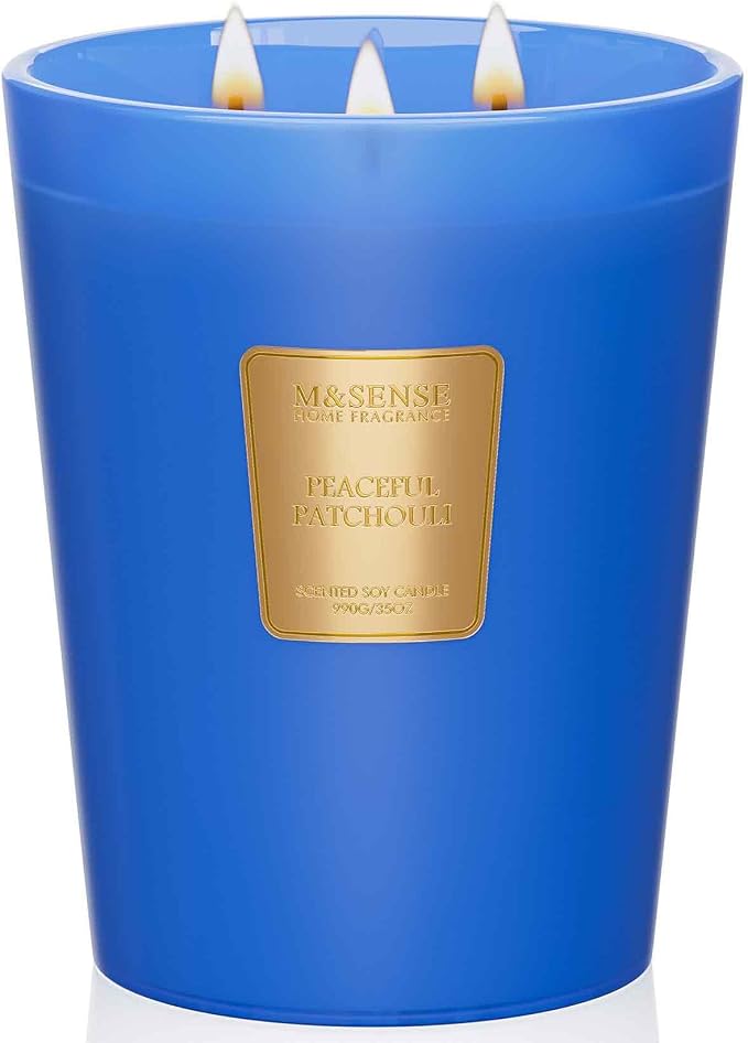 M&SENSE Peaceful Patchouli Scented Candle, 35oz 3 Wick 150H, Natural Soy Large Aromatherapy Candles for Meditation & Stress Relief, Yoga Housewarming Gift