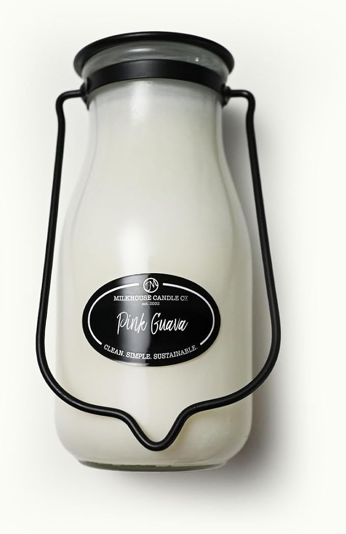 Milkhouse Candle Company Pink Guava Soy Candle - Summer Fruits | Citrus Sparkle | Freesia Scented - 14 oz Milkbottle with Lid, 90+ Hour Burn Time, Made in the USA