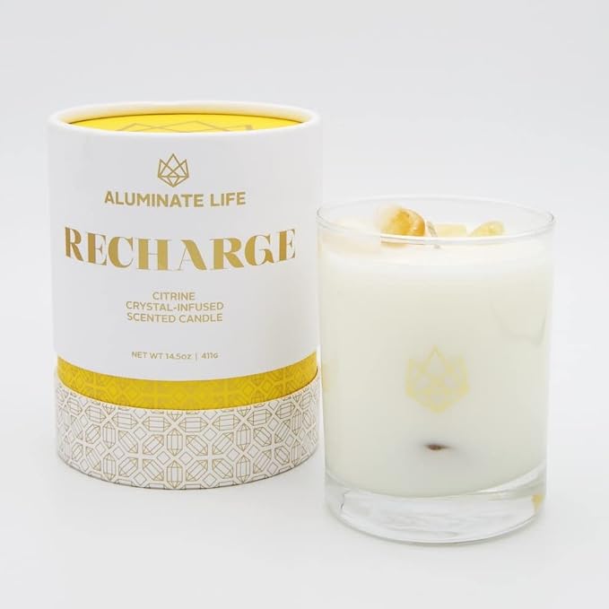 Luxury Glass Jar Candle, 14.5 OZ, Recharge - Citrine Crystal Infused - Scents of Lemongrass, Geranium, and Basil - Happiness, Manifestation, & Abundance - Coconut Wax, Essential Oils