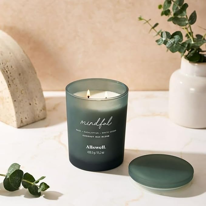 Frosted Scented 2 Wick Candles AW (Mindful (Sage + Eucalyptus + White Cedar) Scented 2-Wick Spa Jar Candle 15oz)