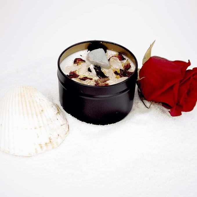 BlkGrlMagick Rose Quartz Self Love Manifestation Crystal Candle, Sea Salt and Orchid Scented Amazonite,Rose Petals, Hibiscus, Organic Soy Candles, Handmade, Black Owned Spiritual Gifts (8oz Tin)
