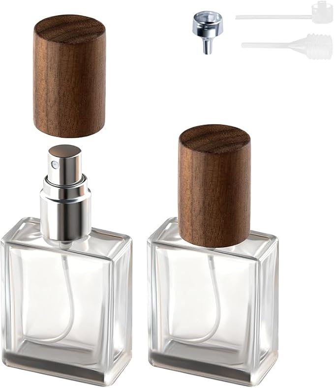 Perfume Atomizer, Glass Perfume Container,Travel Bottle Refillable, Empty Portable Leakproof Frangrance Spray Bottle (Wanut 2pcs 15ml/0.5oz)